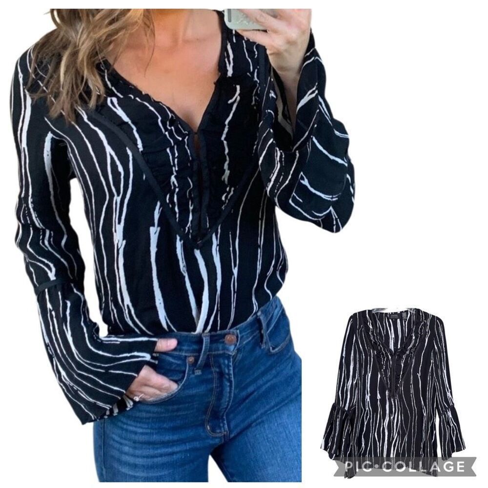 DANA BUCHMAN Silk Black Blouse Top Women’s Size 6 Bell Sleeve White Stripes
